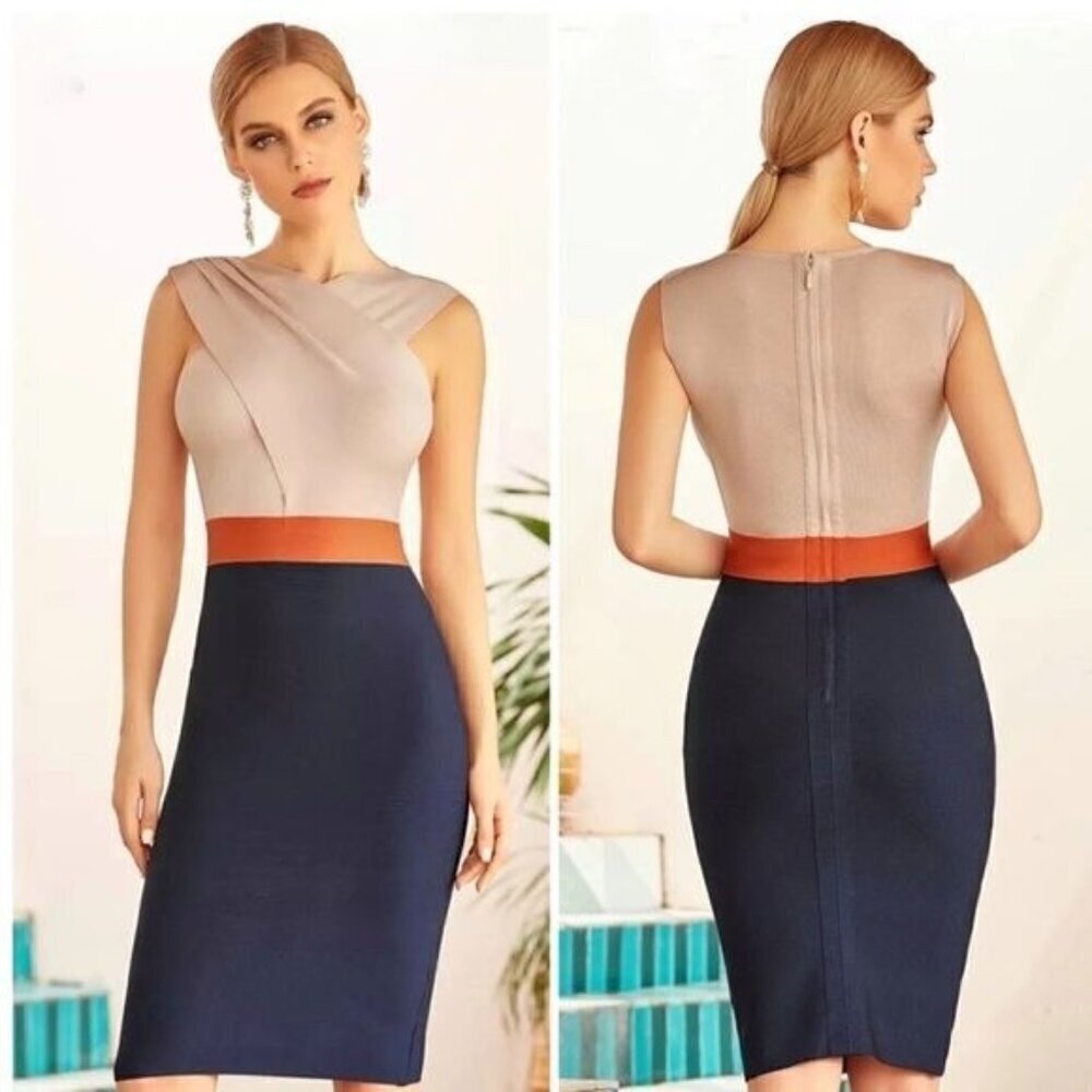 Taupe Navy Rust Colorblock Bandage Bodycon Cocktail Dress